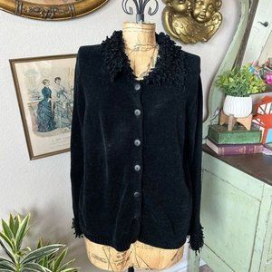 Carolina Colours Plus 90s Black Shag Cuff & Collar Cardigan Sweater sz 18/20
